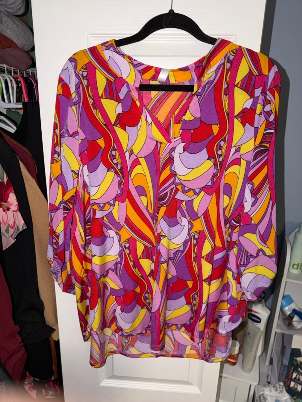 Bright Multi-Color V-Neck Women's Blouse - Pink, Purple & Yellow Print